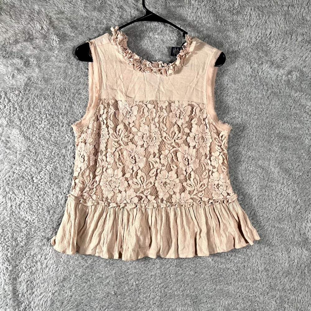 Amaryllis Blouse Top Womens Medium Peach Floral Lace Detail Ruffle Hem Back Tie